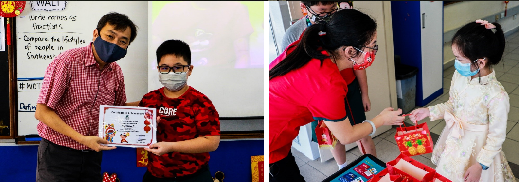 A masked teacher holds a certificate with a boy, while a woman hands a red gift bag to a young girl in a white dress.